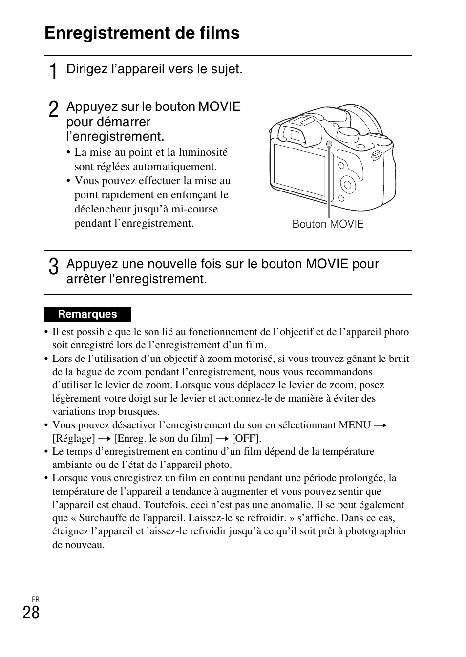 Enregistrement de films, E (28, 28 enregistrement de films | Sony ILCE-3000 User Manual | Page 82 / 579