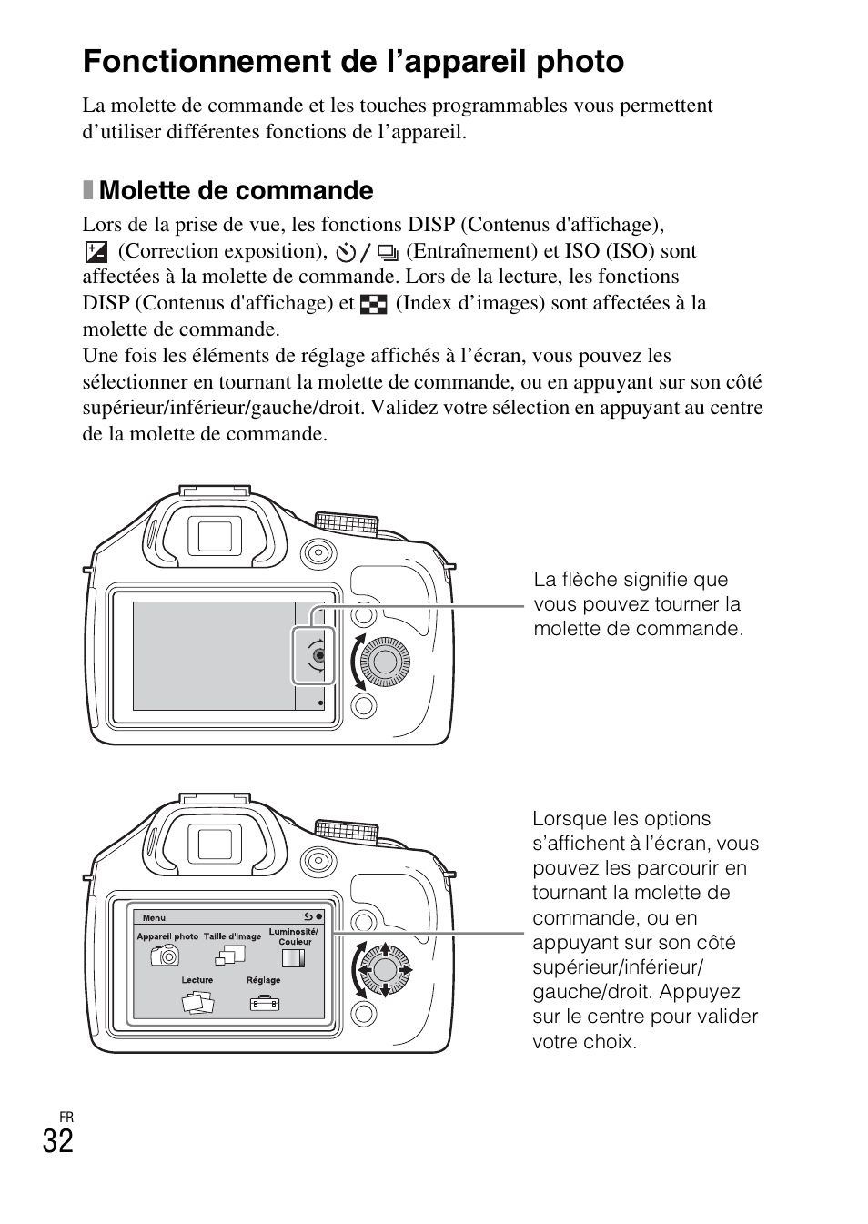 Fonctionnement de l’appareil photo, 32 fonctionnement de l’appareil photo, Xmolette de commande | Sony ILCE-3000 User Manual | Page 86 / 579