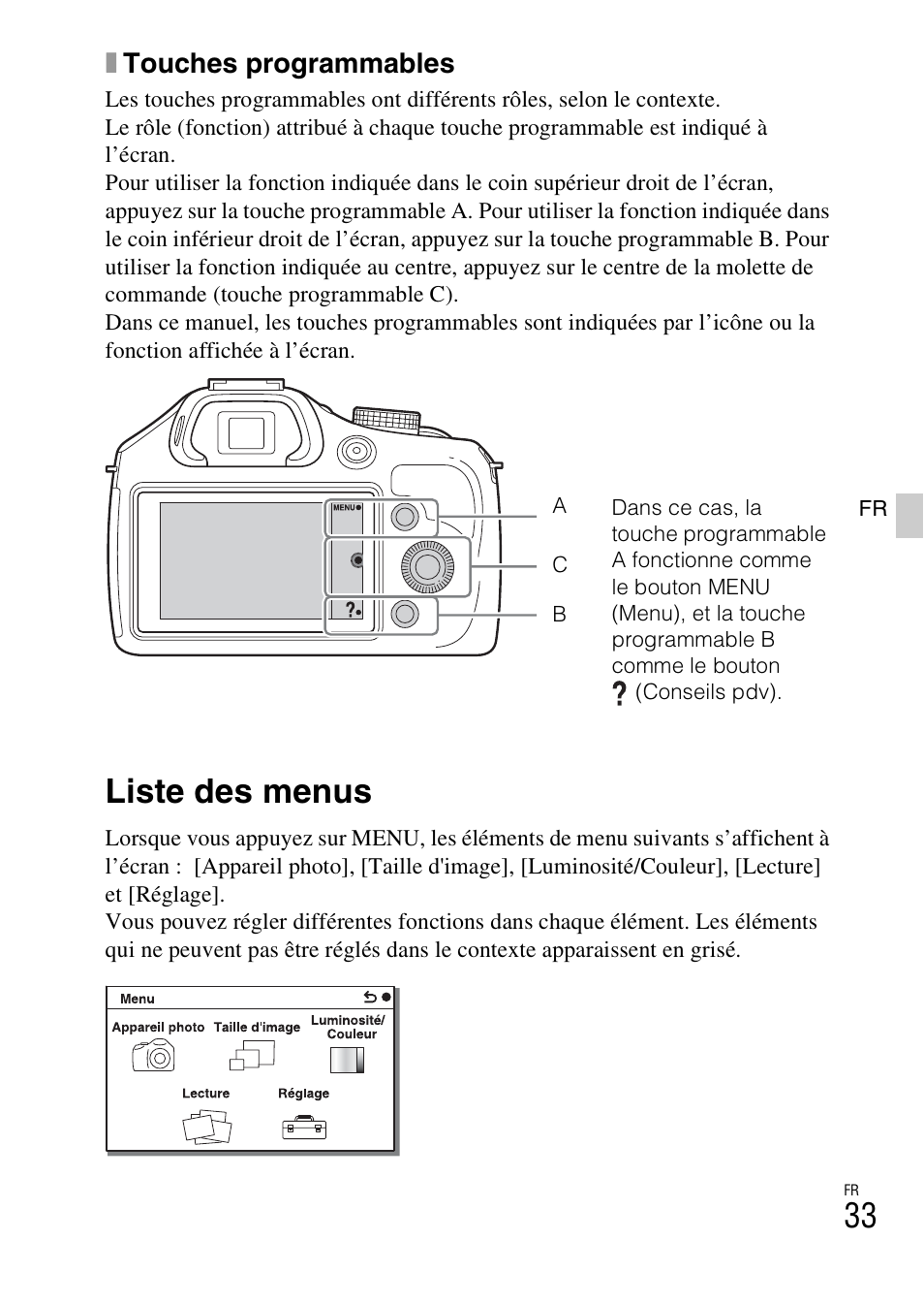 Liste des menus, Xtouches programmables | Sony ILCE-3000 User Manual | Page 87 / 579