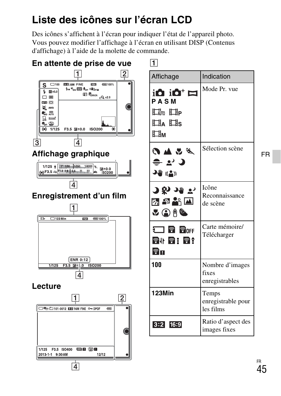 Liste des icônes sur l’écran lcd | Sony ILCE-3000 User Manual | Page 99 / 579