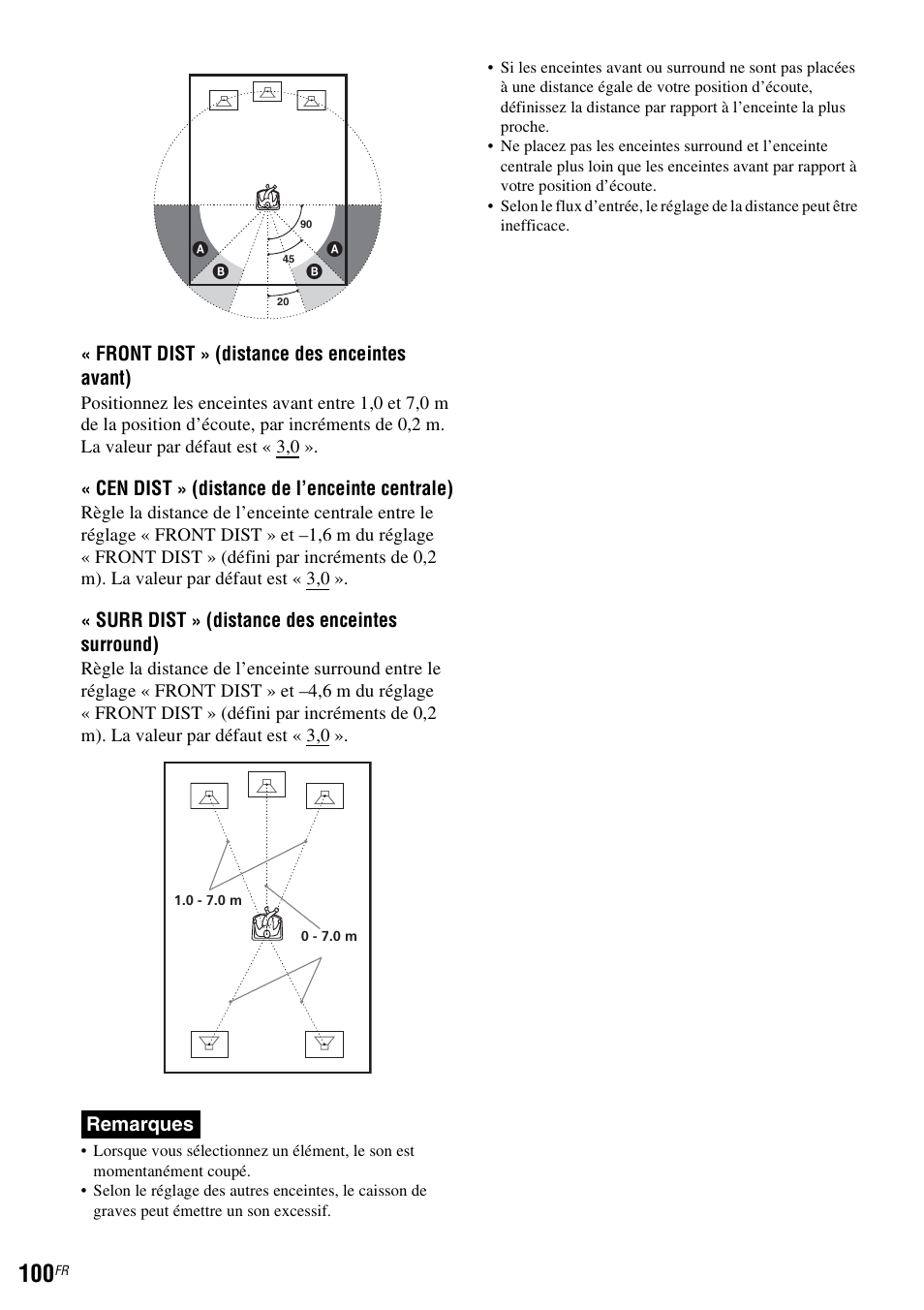 Front dist » (distance des enceintes avant), Cen dist » (distance de l’enceinte centrale), Surr dist » (distance des enceintes surround) | Remarques | Sony DAR-RD100 User Manual | Page 100 / 520