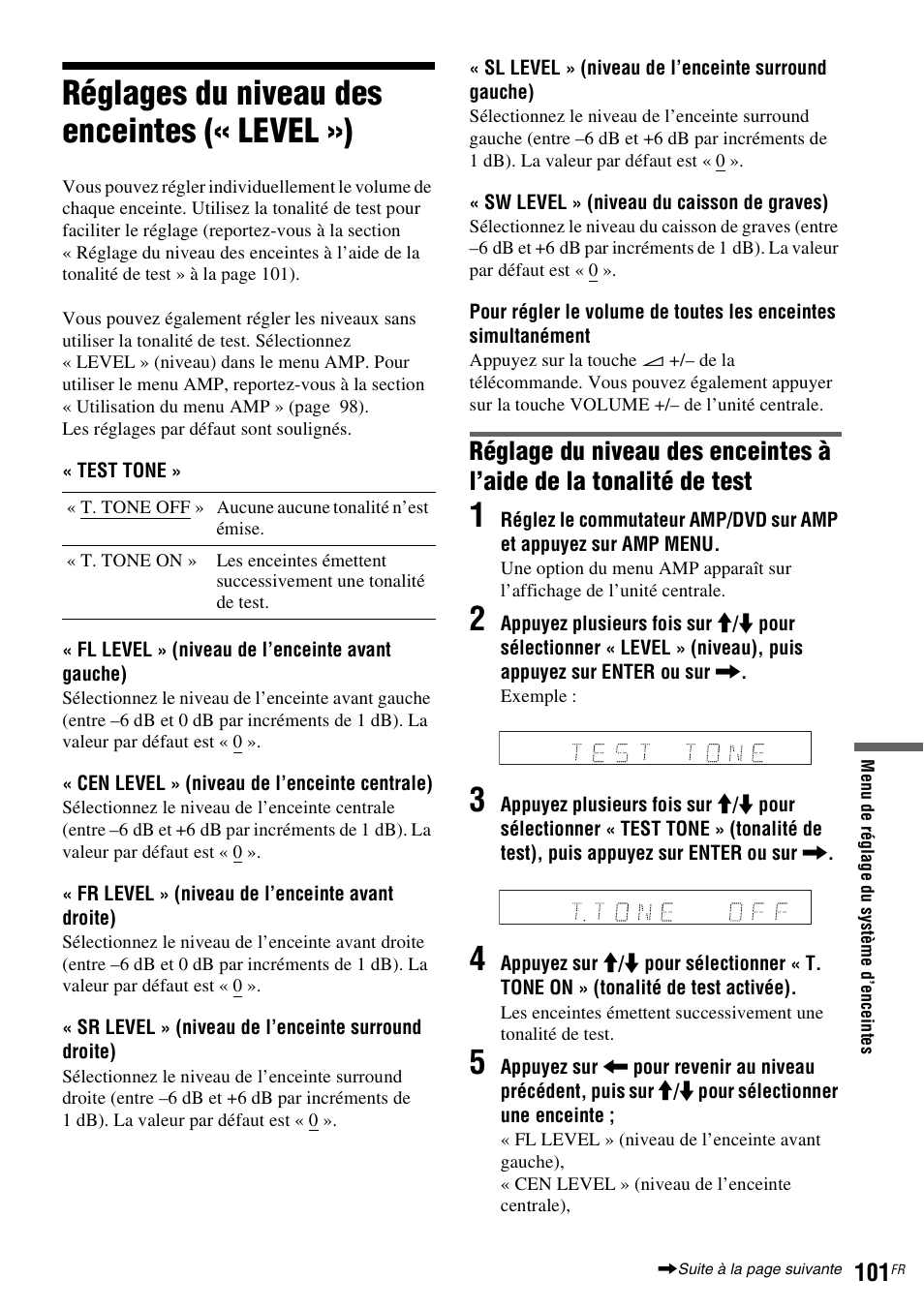 Réglages du niveau des enceintes («level»), Réglages du niveau des enceintes (« level ») | Sony DAR-RD100 User Manual | Page 101 / 520
