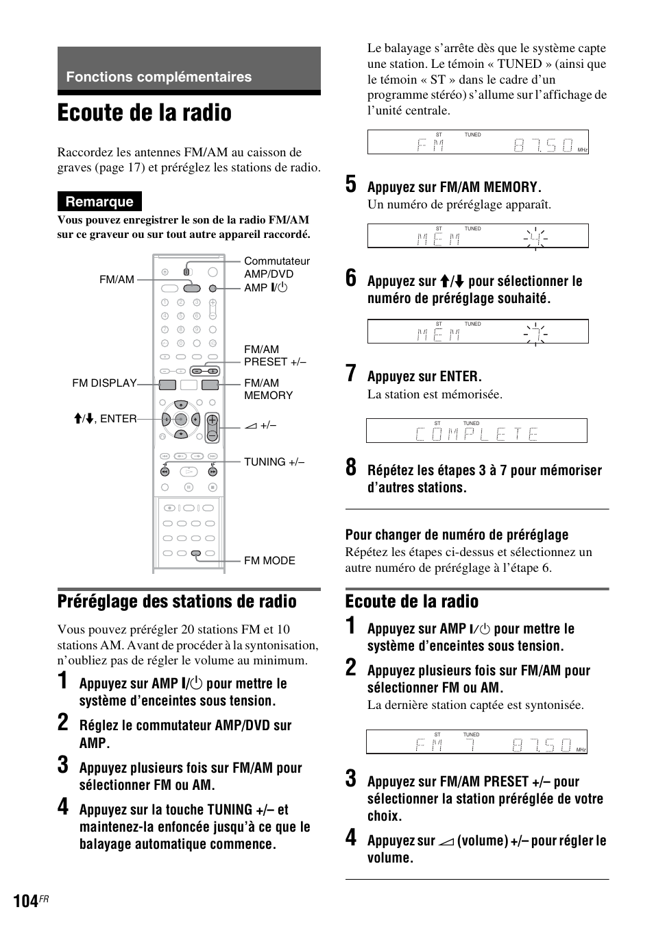 Fonctions complémentaires, Ecoute de la radio, Préréglage des stations de radio | Sony DAR-RD100 User Manual | Page 104 / 520