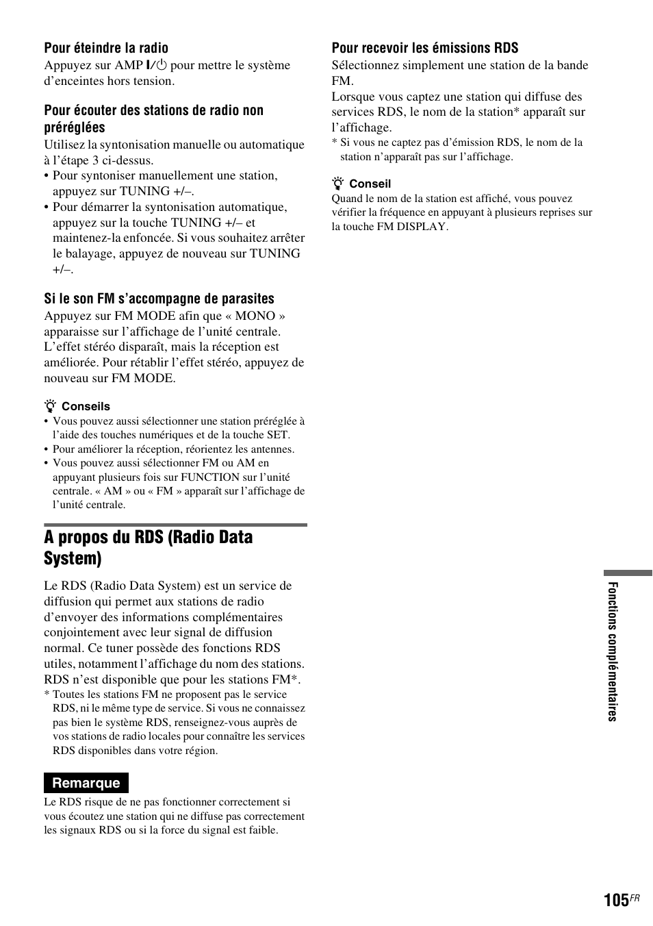 A propos du rds (radio data system) | Sony DAR-RD100 User Manual | Page 105 / 520