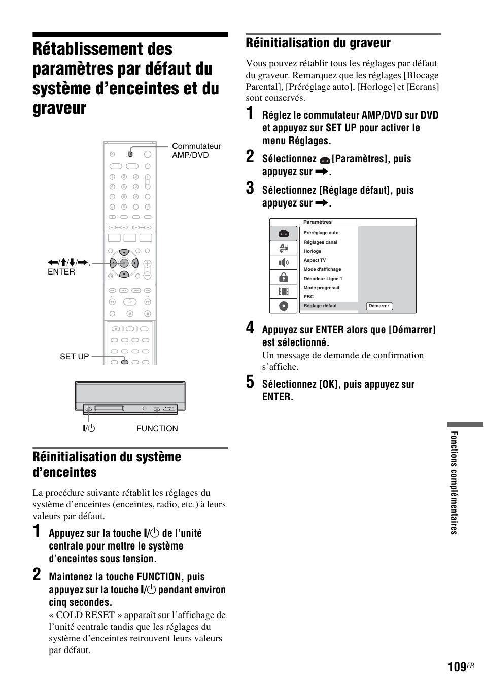 Graveur, Réinitialisation du système d’enceintes, Réinitialisation du graveur | Sony DAR-RD100 User Manual | Page 109 / 520