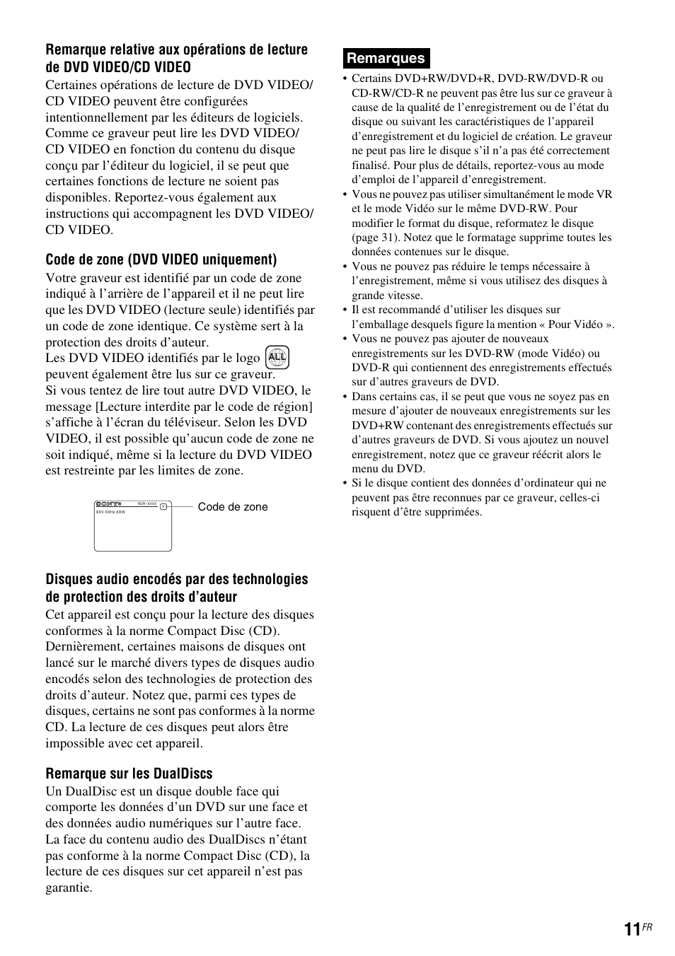 Code de zone (dvd video uniquement), Remarque sur les dualdiscs, Remarques | Sony DAR-RD100 User Manual | Page 11 / 520