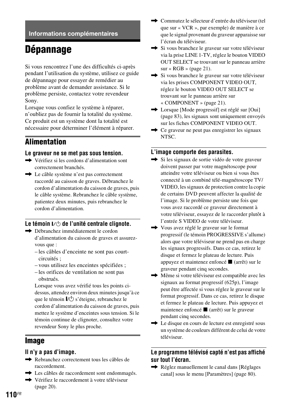 Informations complémentaires, Dépannage, Alimentation | Image | Sony DAR-RD100 User Manual | Page 110 / 520