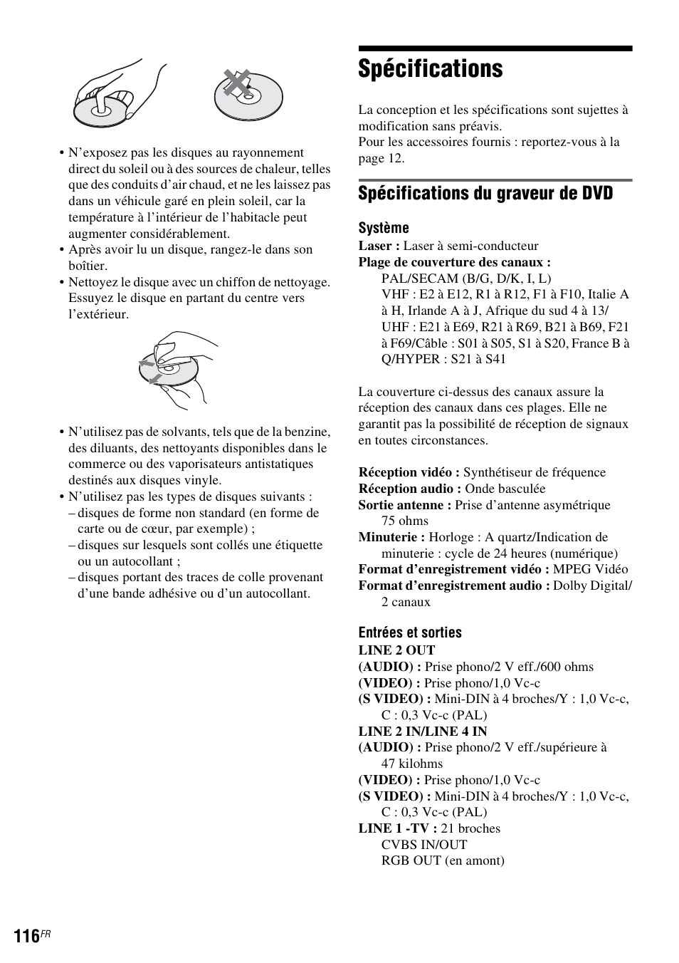 Spécifications, Spécifications du graveur de dvd | Sony DAR-RD100 User Manual | Page 116 / 520