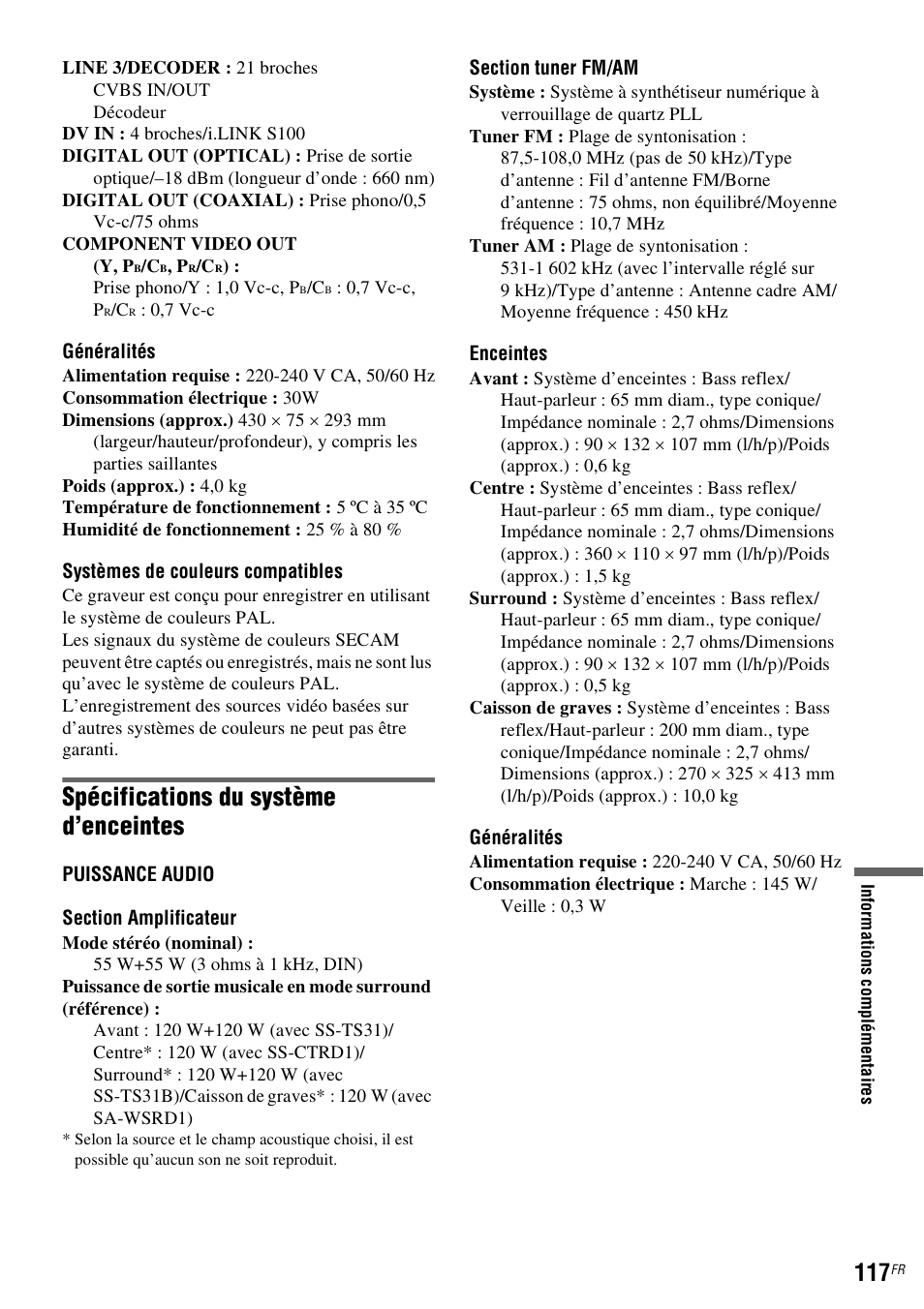 Spécifications du système d’enceintes | Sony DAR-RD100 User Manual | Page 117 / 520