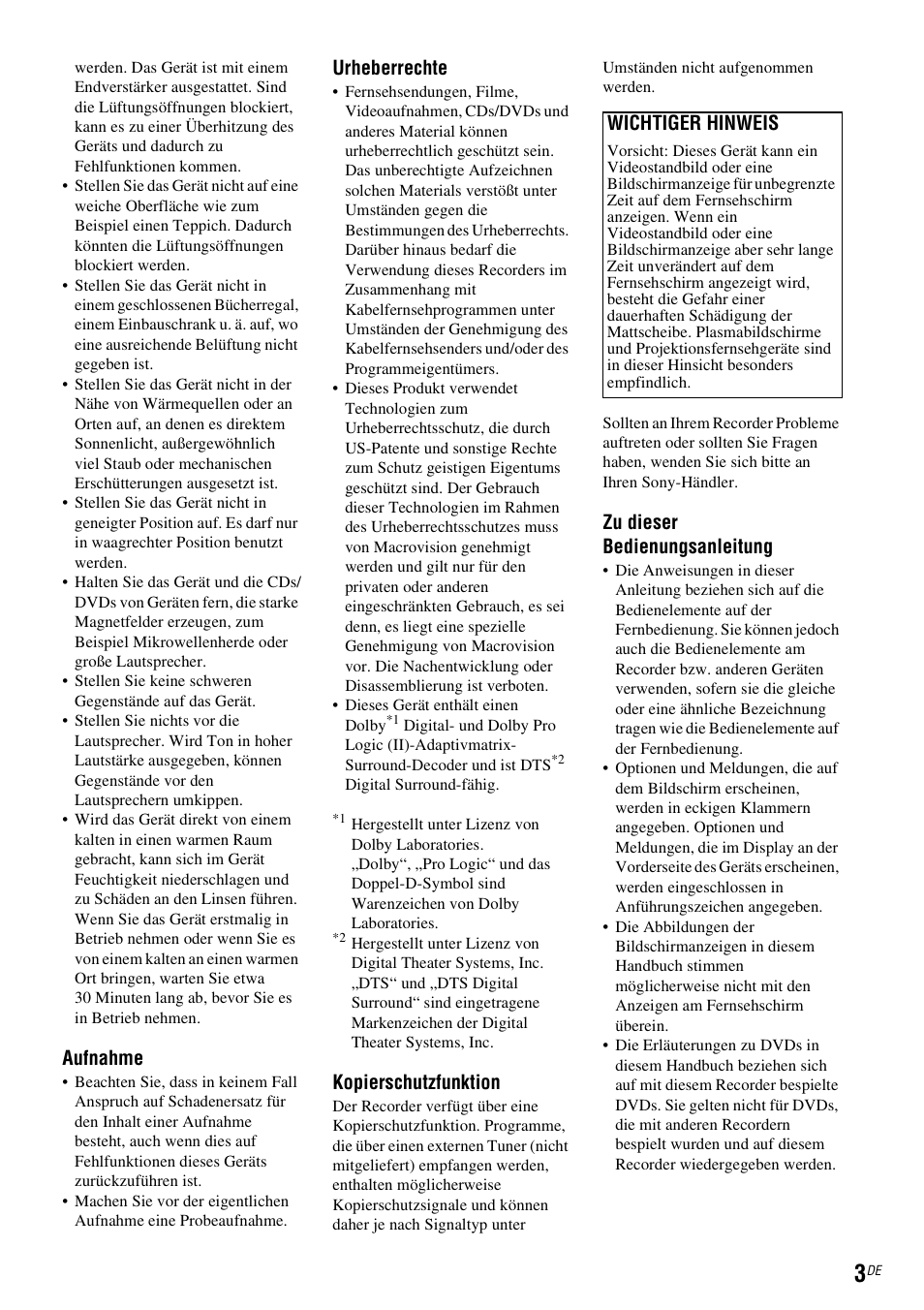 Aufnahme, Urheberrechte, Kopierschutzfunktion | Zu dieser bedienungsanleitung, Wichtiger hinweis | Sony DAR-RD100 User Manual | Page 133 / 520