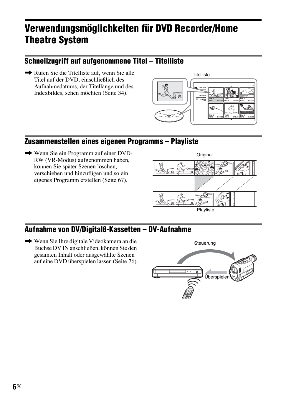 Schnellzugriff auf aufgenommene titel – titelliste, Aufnahme von dv/digital8-kassetten – dv-aufnahme | Sony DAR-RD100 User Manual | Page 136 / 520