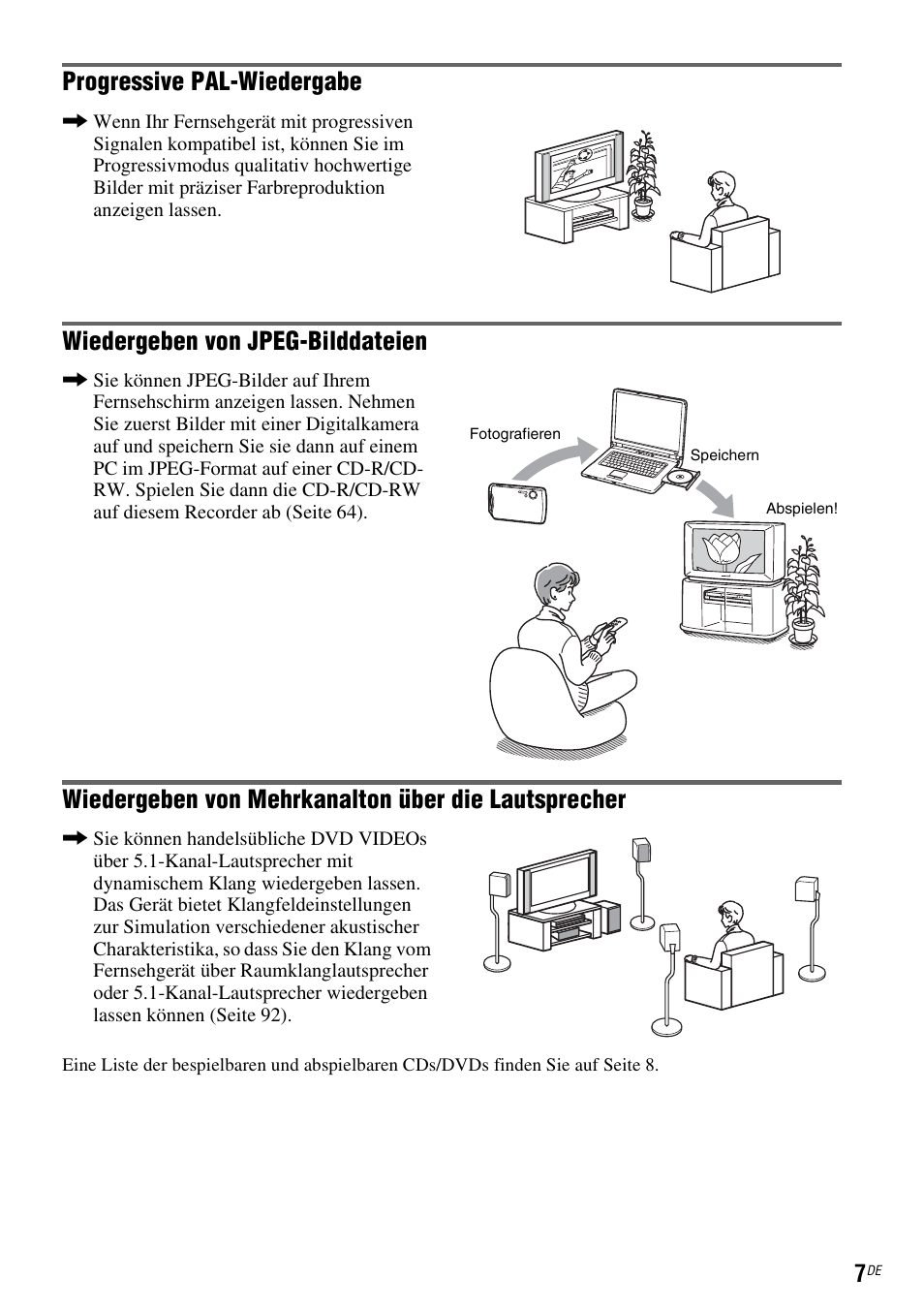 Progressive pal-wiedergabe, Wiedergeben von jpeg-bilddateien, Wiedergeben von mehrkanalton über die lautsprecher | Sony DAR-RD100 User Manual | Page 137 / 520