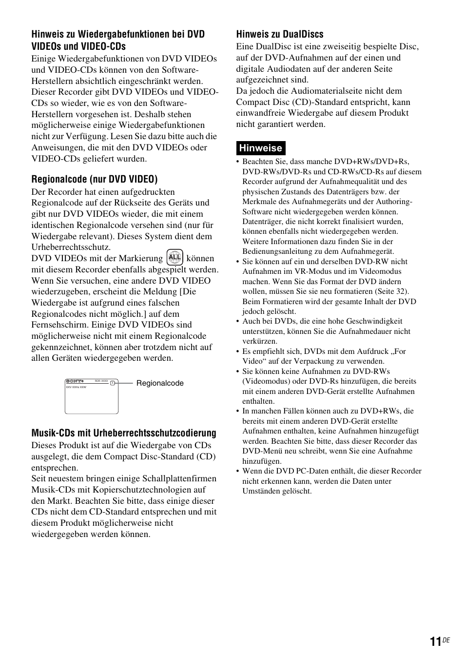Regionalcode (nur dvd video), Musik-cds mit urheberrechtsschutzcodierung, Hinweis zu dualdiscs | Hinweise | Sony DAR-RD100 User Manual | Page 141 / 520