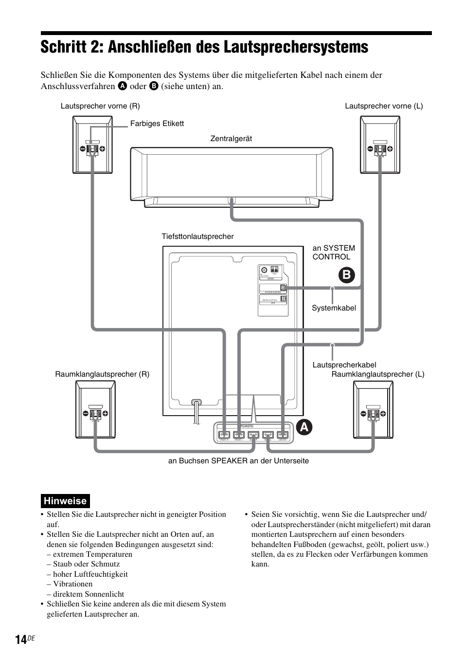 Schritt 2: anschließen des lautsprechersystems, Seite 14), Hinweise | Sony DAR-RD100 User Manual | Page 144 / 520