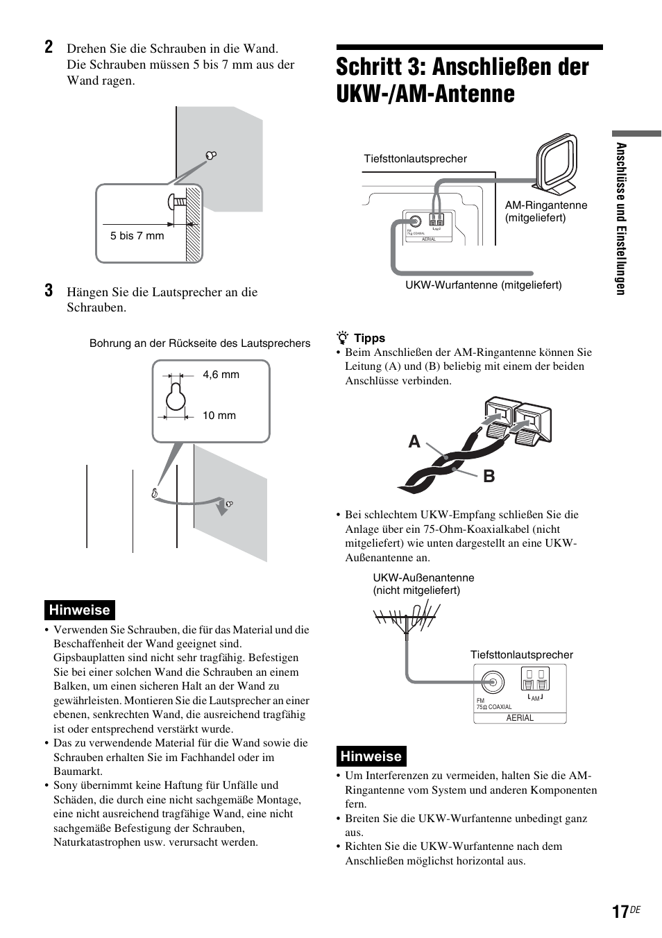 Schritt 3: anschließen der ukw-/am-antenne, Seite 17), Hinweise | Sony DAR-RD100 User Manual | Page 147 / 520