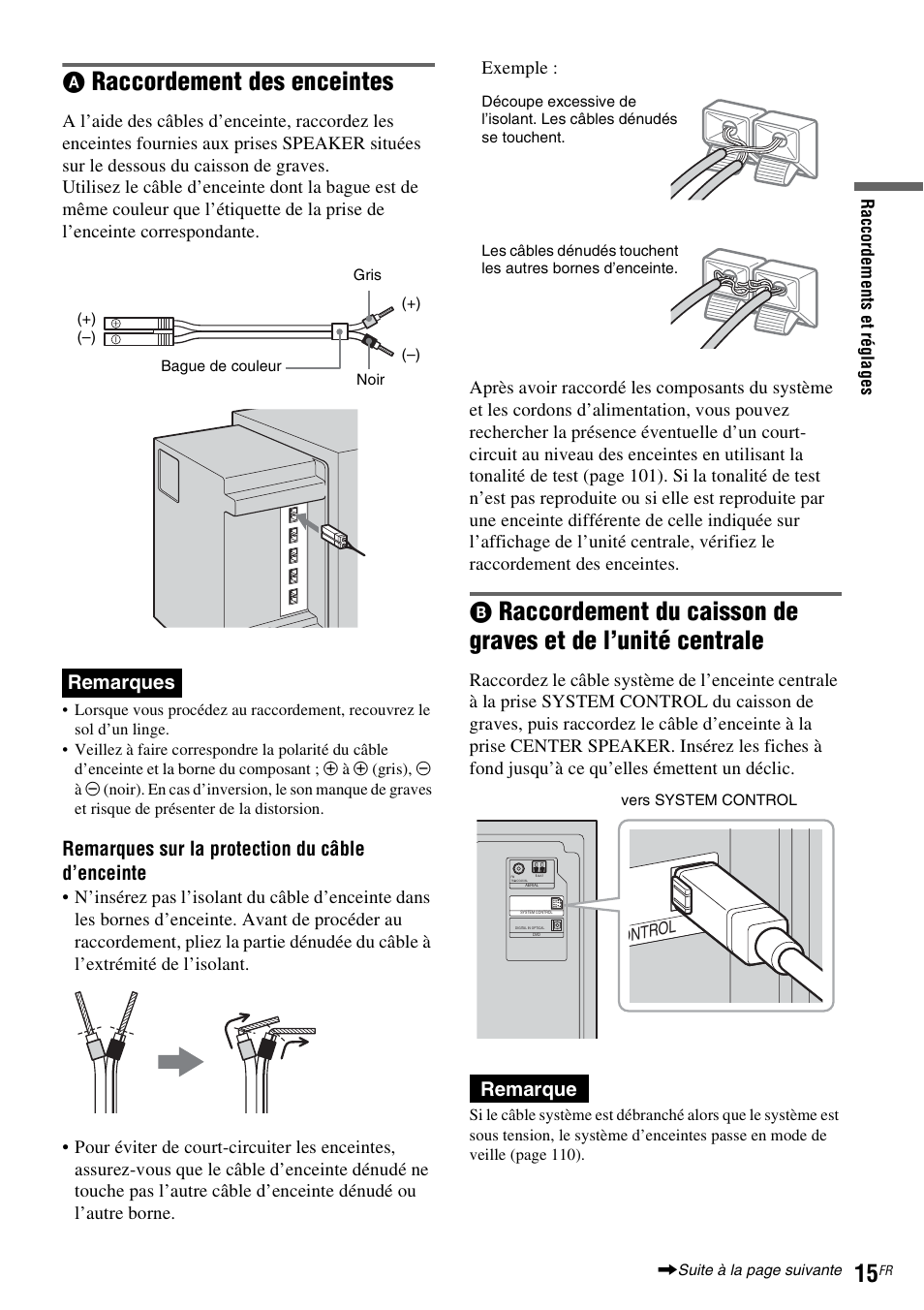 Raccordement des enceintes, Remarques, Remarques sur la protection du câble d’enceinte | Remarque | Sony DAR-RD100 User Manual | Page 15 / 520
