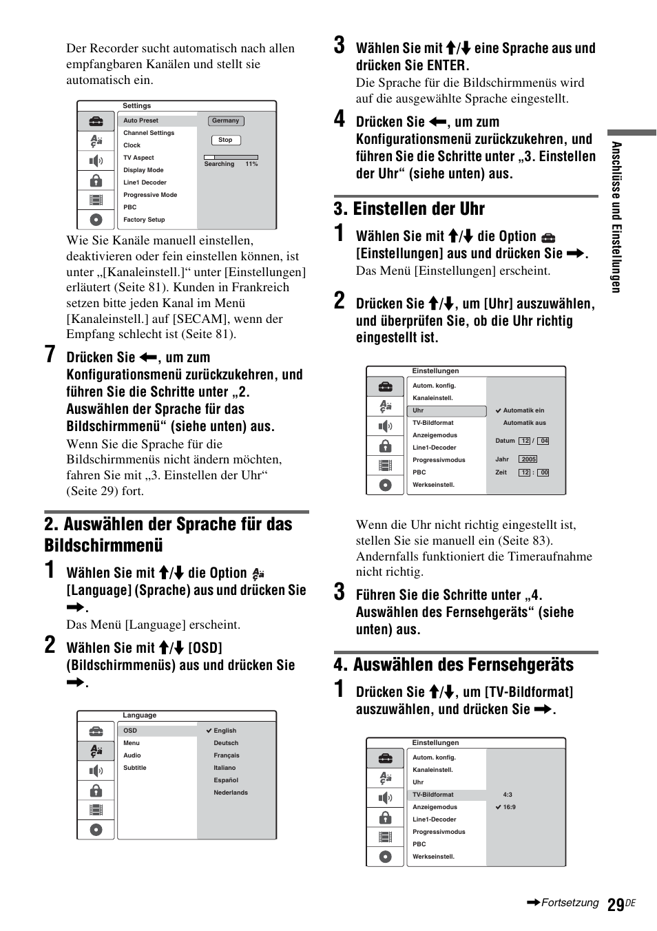Auswählen der sprache für das bildschirmmenü, Einstellen der uhr, Auswählen des fernsehgeräts | Das menü [language] erscheint, Das menü [einstellungen] erscheint | Sony DAR-RD100 User Manual | Page 159 / 520