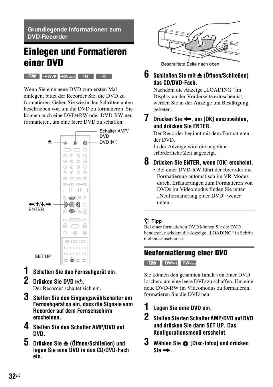 Grundlegende informationen zum dvd-recorder, Einlegen und formatieren einer dvd, S (seite 32) | Neuformatierung einer dvd | Sony DAR-RD100 User Manual | Page 162 / 520