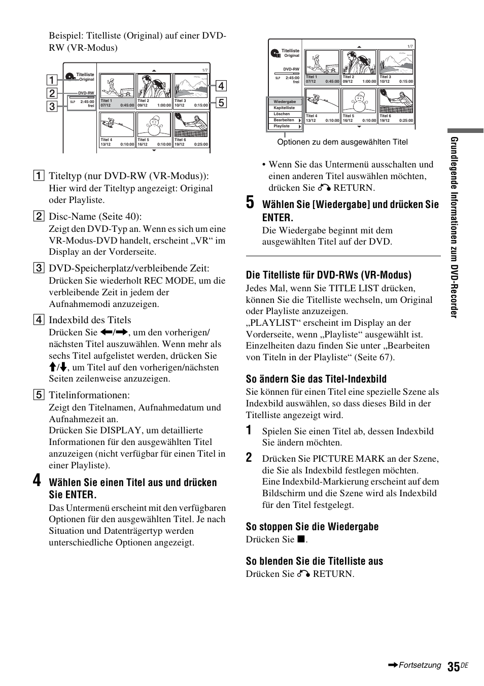 A titeltyp (nur dvd-rw (vr-modus)), B disc-nam e (seite 40), C dvd-speicherplatz/verbleibende zeit | D indexbild des titels, E titelinformationen, Wählen sie einen titel aus und drücken sie enter, Wählen sie [wiedergabe] und drücken sie enter, Die titelliste für dvd-rws (vr-modus), So ändern sie das titel-indexbild, So stoppen sie die wiedergabe | Sony DAR-RD100 User Manual | Page 165 / 520