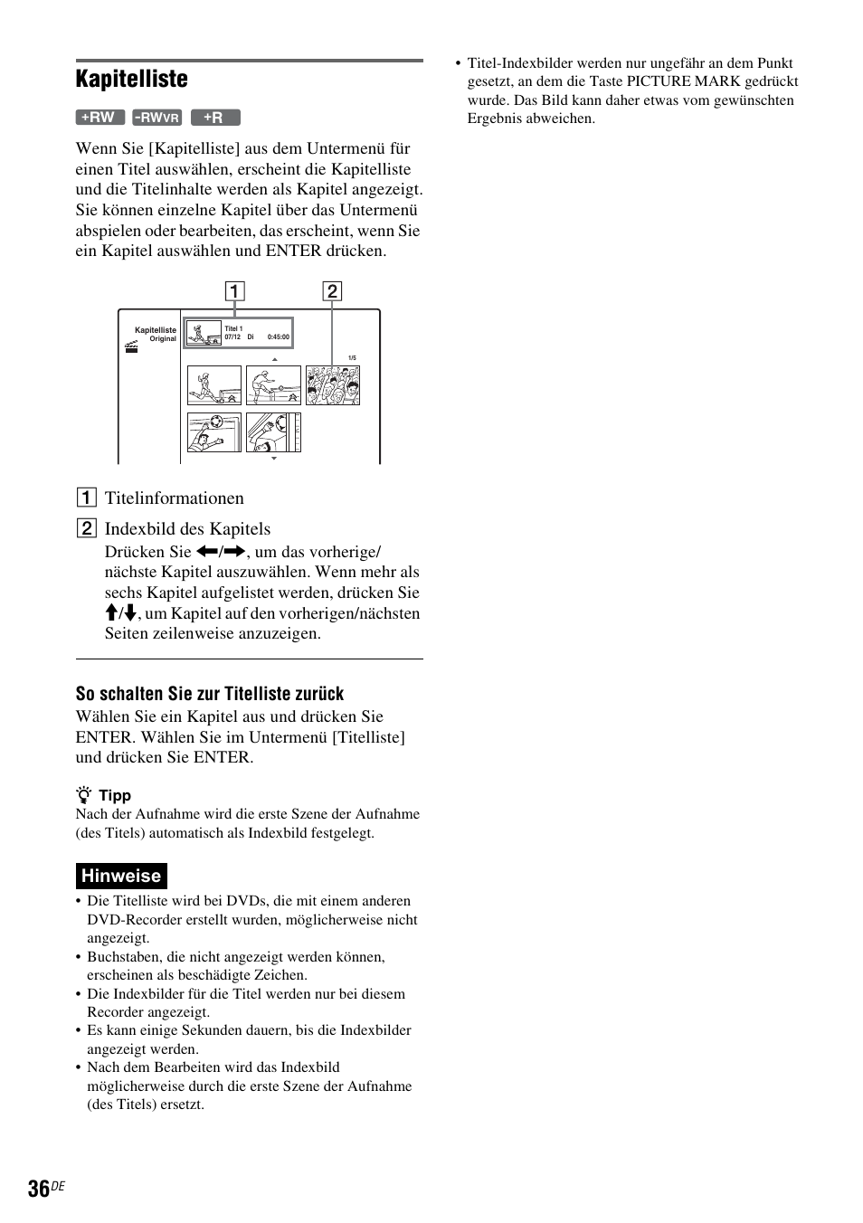 Kapitelliste, A titelinformationen b indexbild des kapitels, So schalten sie zur titelliste zurück | Hinweise | Sony DAR-RD100 User Manual | Page 166 / 520