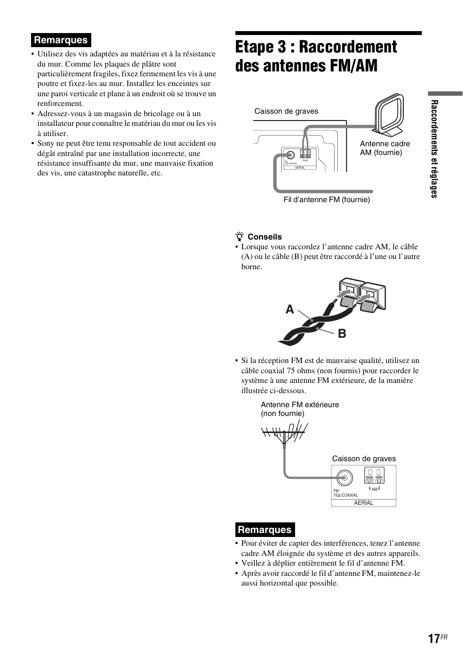 Etape3: raccordement des antennes fm/am, Etape 3 : raccordement des antennes fm/am, Remarques | Sony DAR-RD100 User Manual | Page 17 / 520