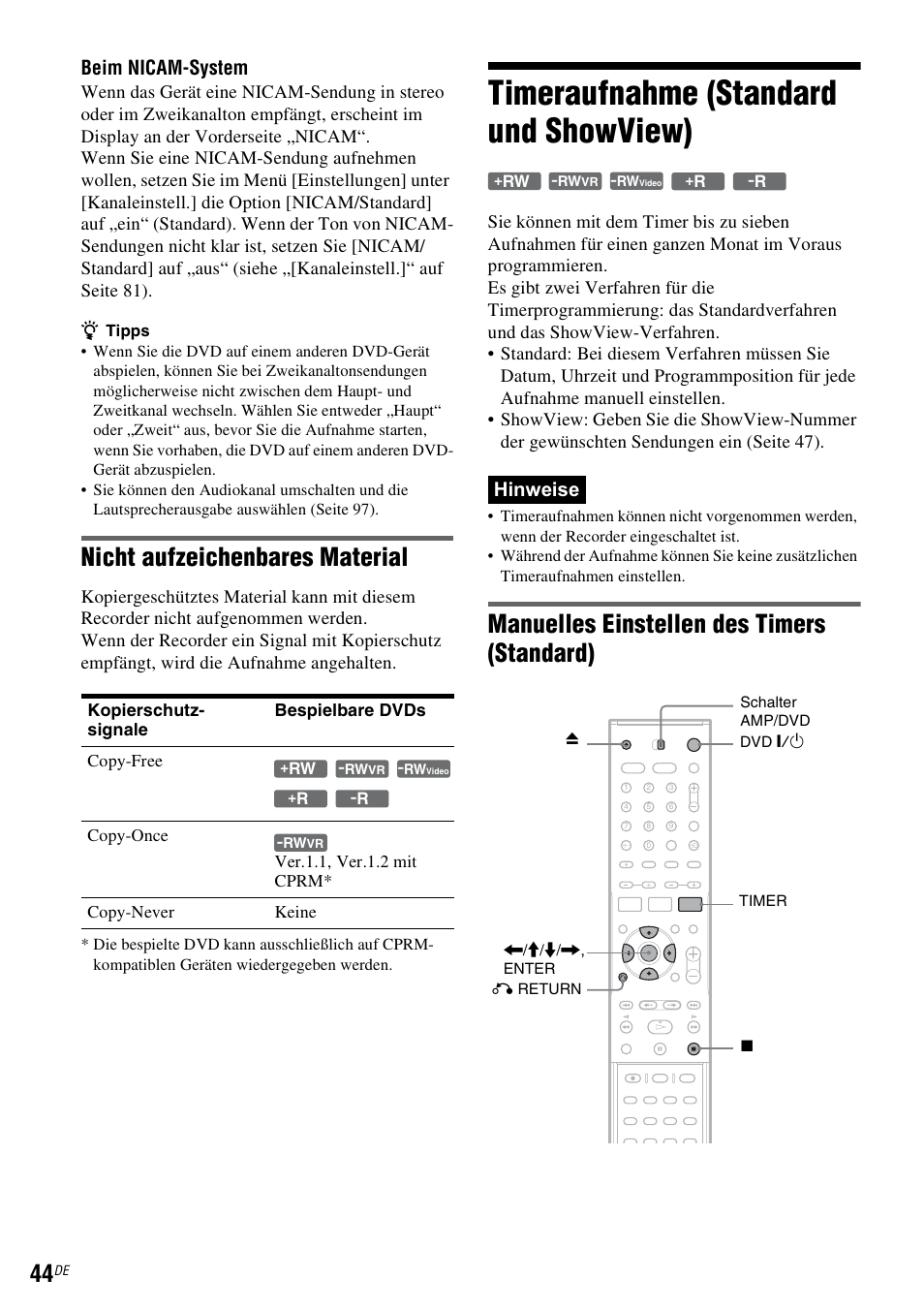 Timeraufnahme (standard und showview), Nicht aufzeichenbares material, Manuelles einstellen des timers (standard) | Beim nicam-system, Hinweise | Sony DAR-RD100 User Manual | Page 174 / 520