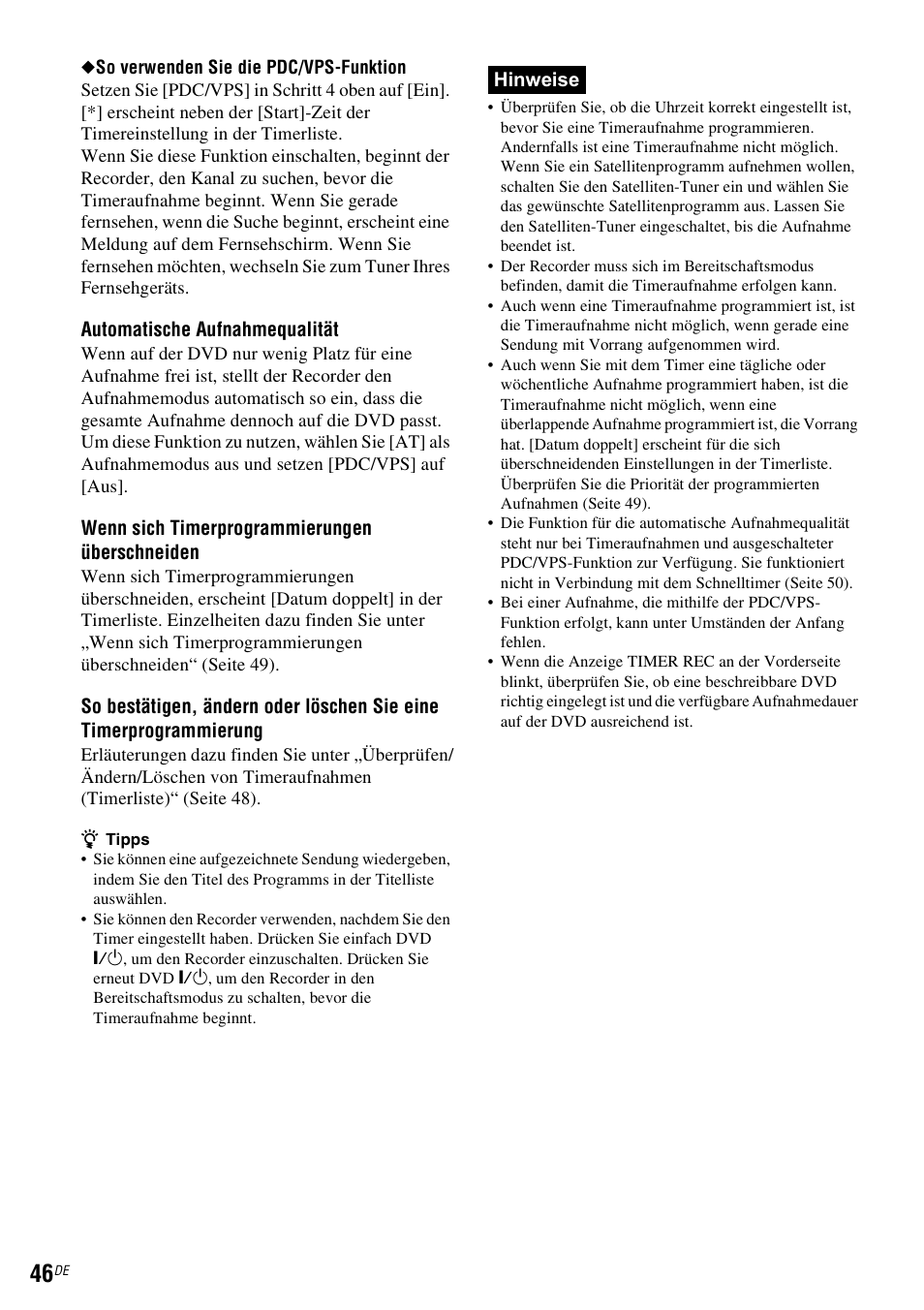 Automatische aufnahmequalität, Seite 46 | Sony DAR-RD100 User Manual | Page 176 / 520