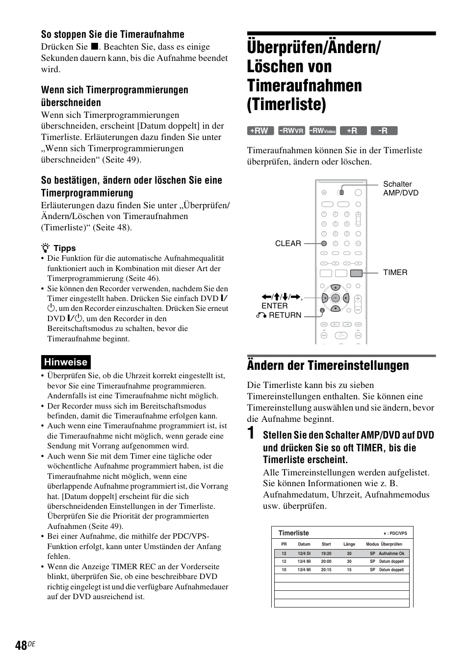 Seite 48), Ändern der timereinstellungen, So stoppen sie die timeraufnahme | Wenn sich timerprogrammierungen überschneiden, Hinweise | Sony DAR-RD100 User Manual | Page 178 / 520