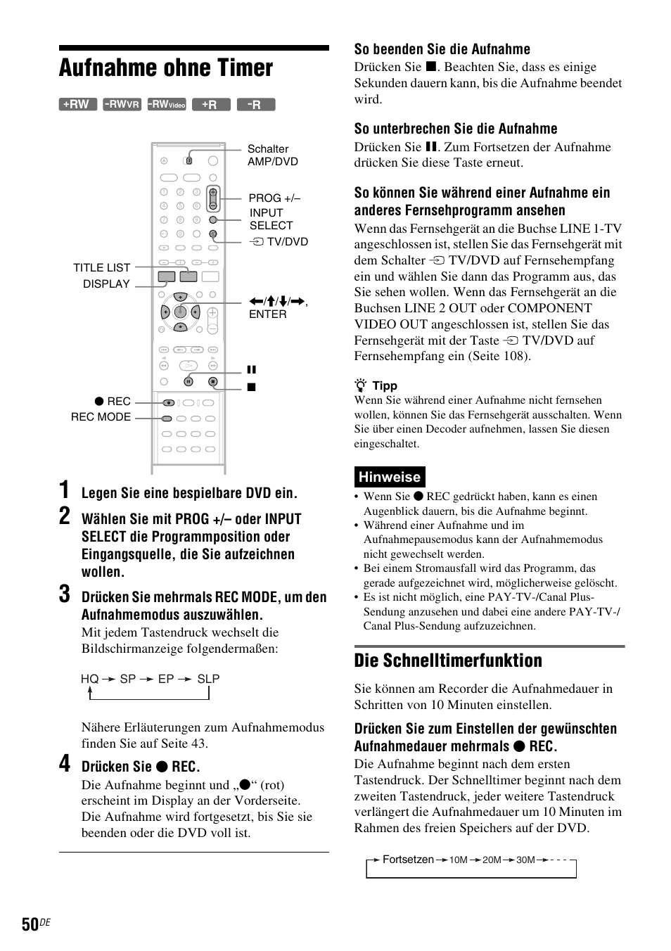 Aufnahme ohne timer, Seite 50), Aufnahme ohne timer 1 | Die schnelltimerfunktion | Sony DAR-RD100 User Manual | Page 180 / 520