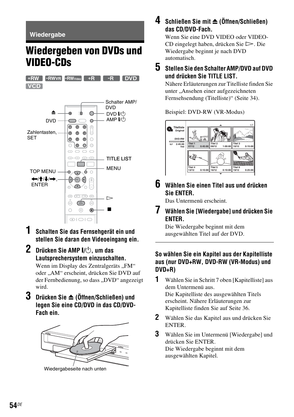 Wiedergabe, Wiedergeben von dvds und video-cds, Wiedergeben von dvds und video-cds 1 | Wählen sie einen titel aus und drücken sie enter, Wählen sie [wiedergabe] und drücken sie enter | Sony DAR-RD100 User Manual | Page 184 / 520