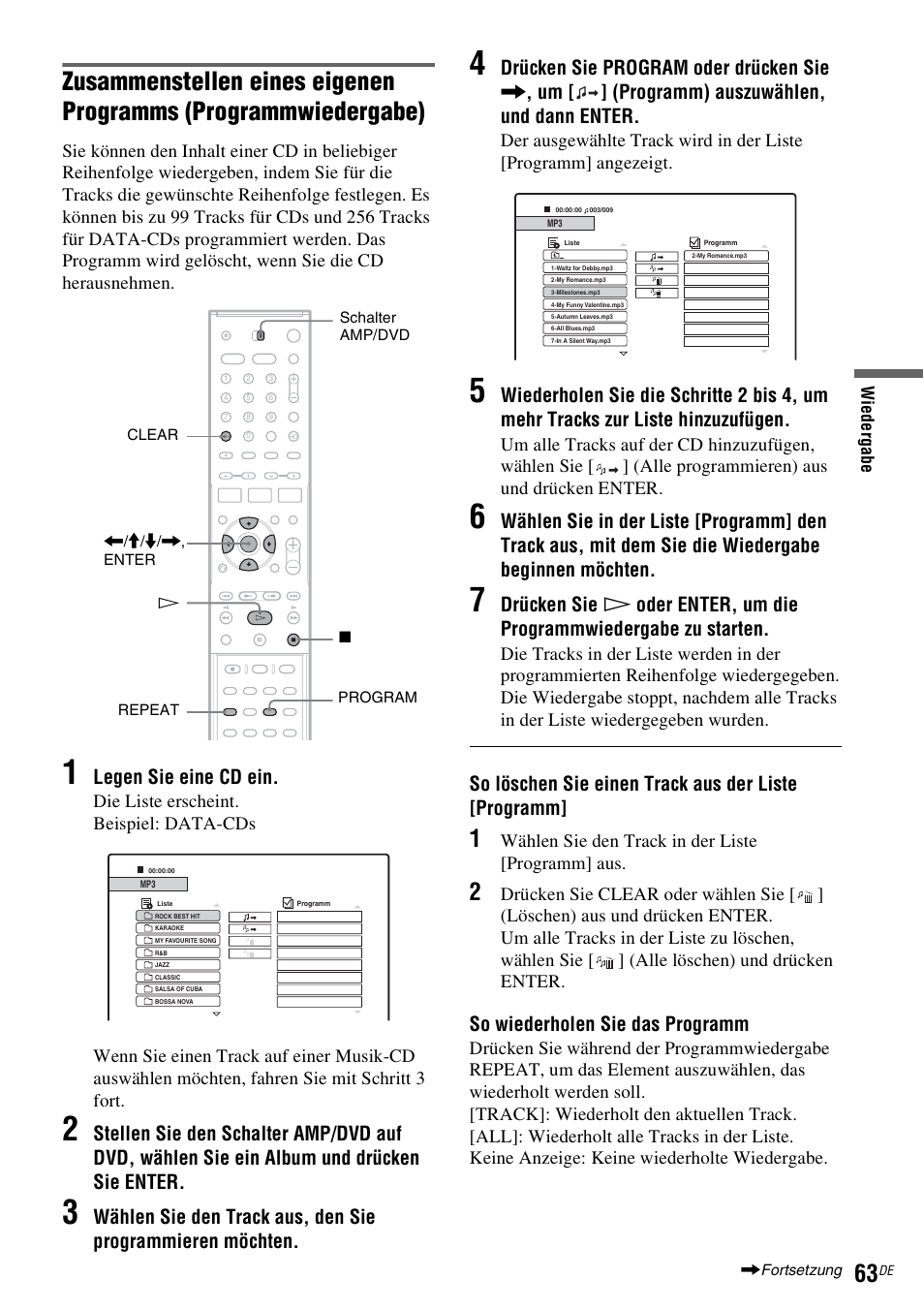 Legen sie eine cd ein, So löschen sie einen track aus der liste [programm, So wiederholen sie das programm | Wählen sie den track in der liste [programm] aus | Sony DAR-RD100 User Manual | Page 193 / 520