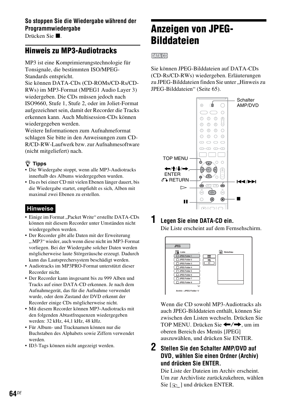 Anzeigen von jpeg- bilddateien, Anzeigen von jpeg-bilddateien, Hinweis zu mp3-audiotracks | Hinweise, Legen sie eine data-cd ein, Drücken sie x | Sony DAR-RD100 User Manual | Page 194 / 520