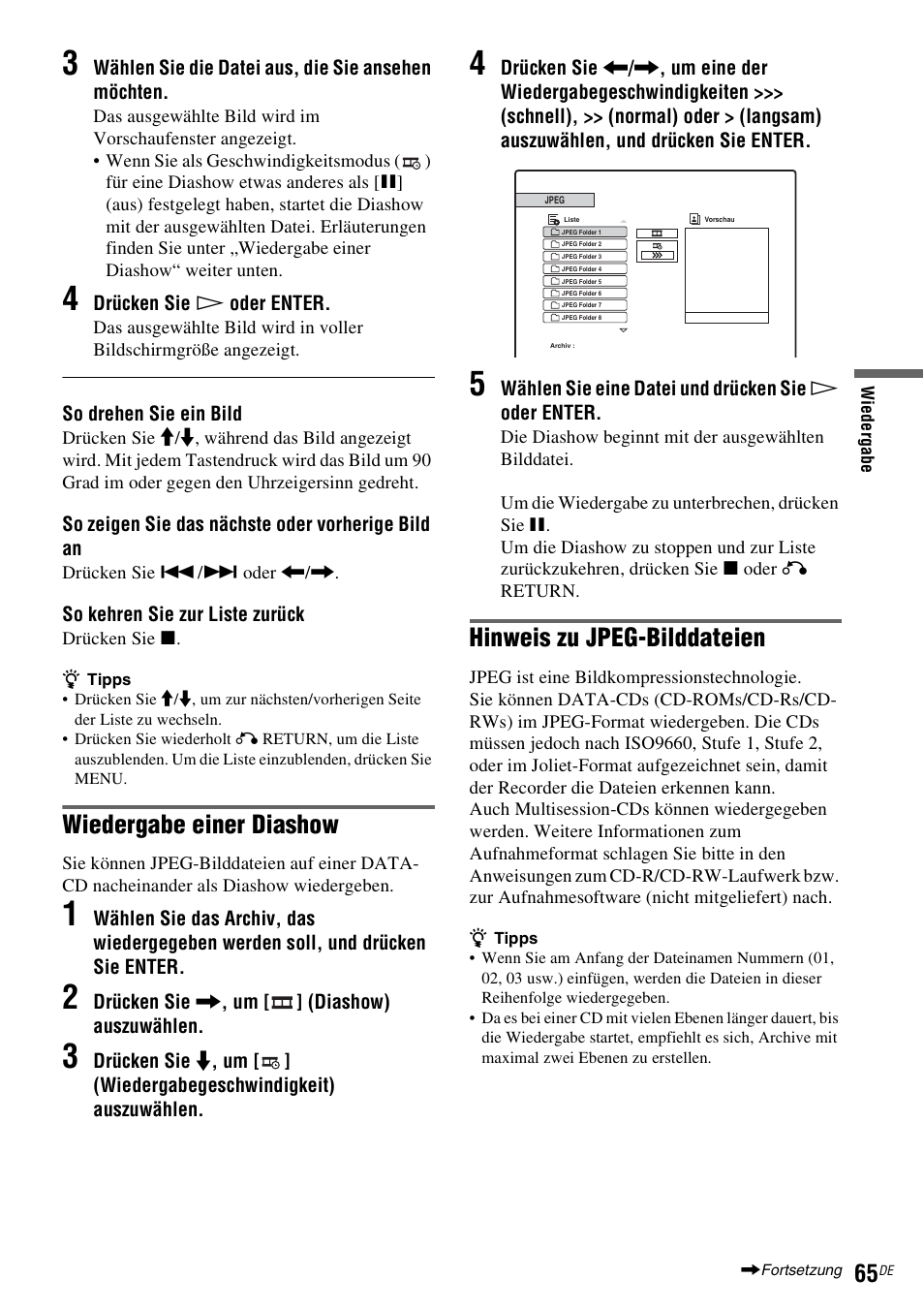 Wiedergabe einer diashow, Hinweis zu jpeg-bilddateien | Sony DAR-RD100 User Manual | Page 195 / 520