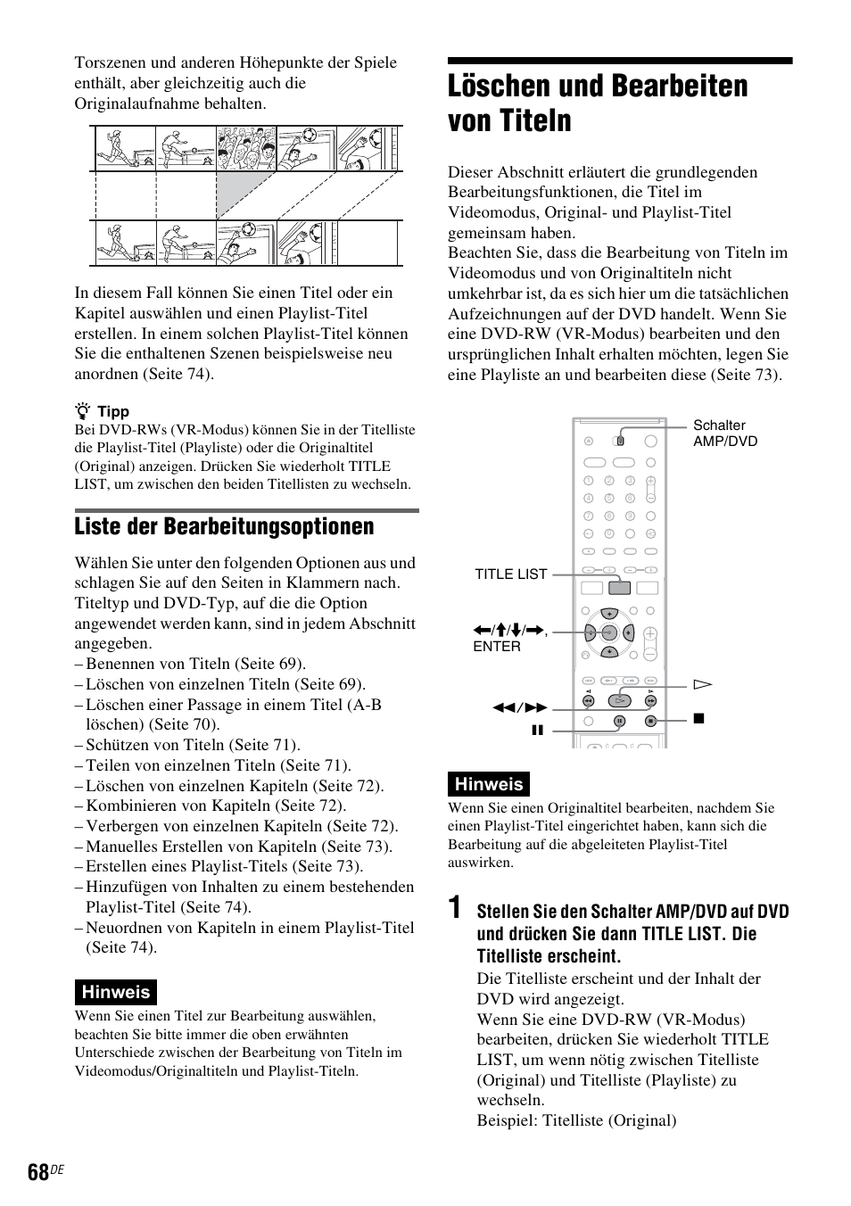 Löschen und bearbeiten von titeln, Liste der bearbeitungsoptionen, Hinweis | Sony DAR-RD100 User Manual | Page 198 / 520