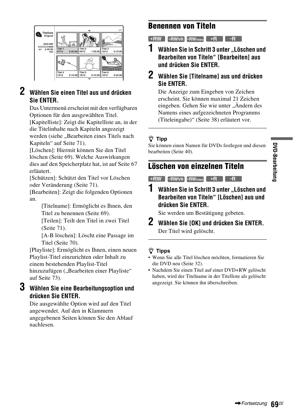 Seite 69), Benennen von titeln, Löschen von einzelnen titeln | Wählen sie einen titel aus und drücken sie enter, Wählen sie [titelname] aus und drücken sie enter, Wählen sie [ok] und drücken sie enter | Sony DAR-RD100 User Manual | Page 199 / 520