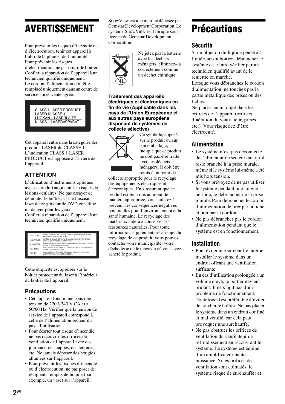 Avertissement, Précautions, Sécurité | Alimentation, Installation | Sony DAR-RD100 User Manual | Page 2 / 520