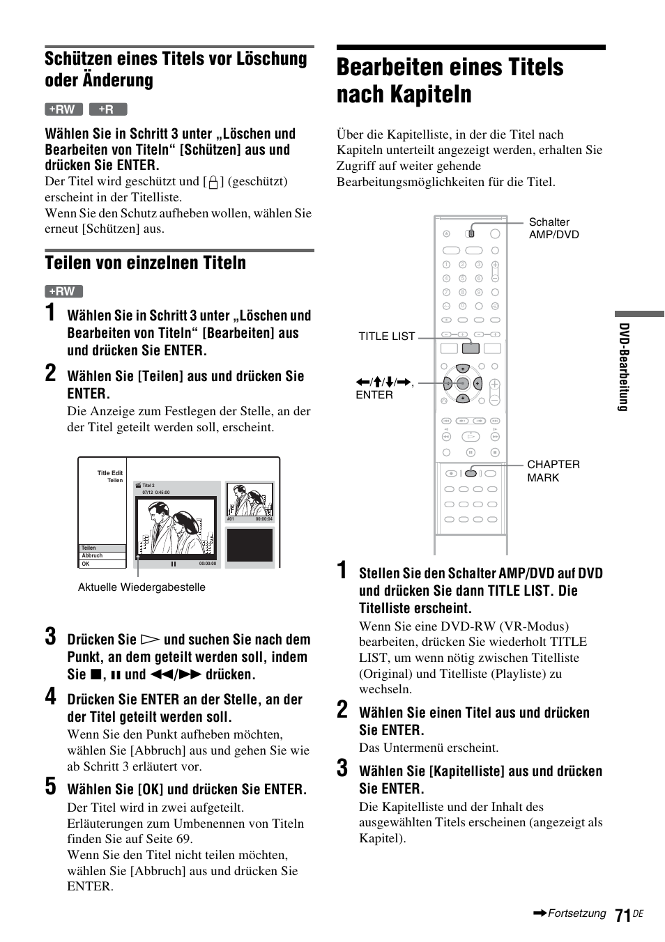 Bearbeiten eines titels nach kapiteln, Seite 71), L (seite 71) | Seite 71, Schützen eines titels vor löschung oder änderung, Teilen von einzelnen titeln | Sony DAR-RD100 User Manual | Page 201 / 520