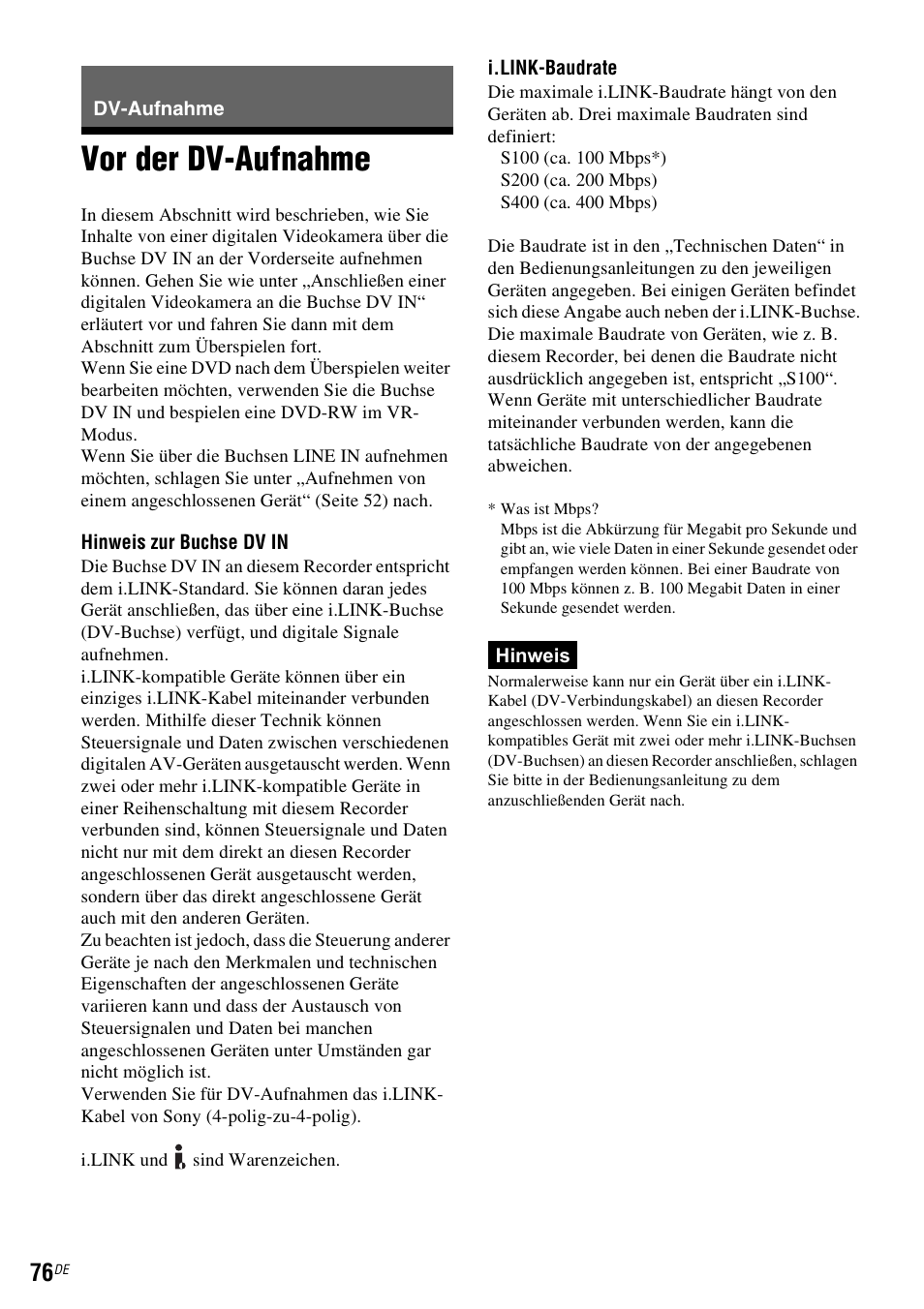 Dv-aufnahme, Vor der dv-aufnahme | Sony DAR-RD100 User Manual | Page 206 / 520