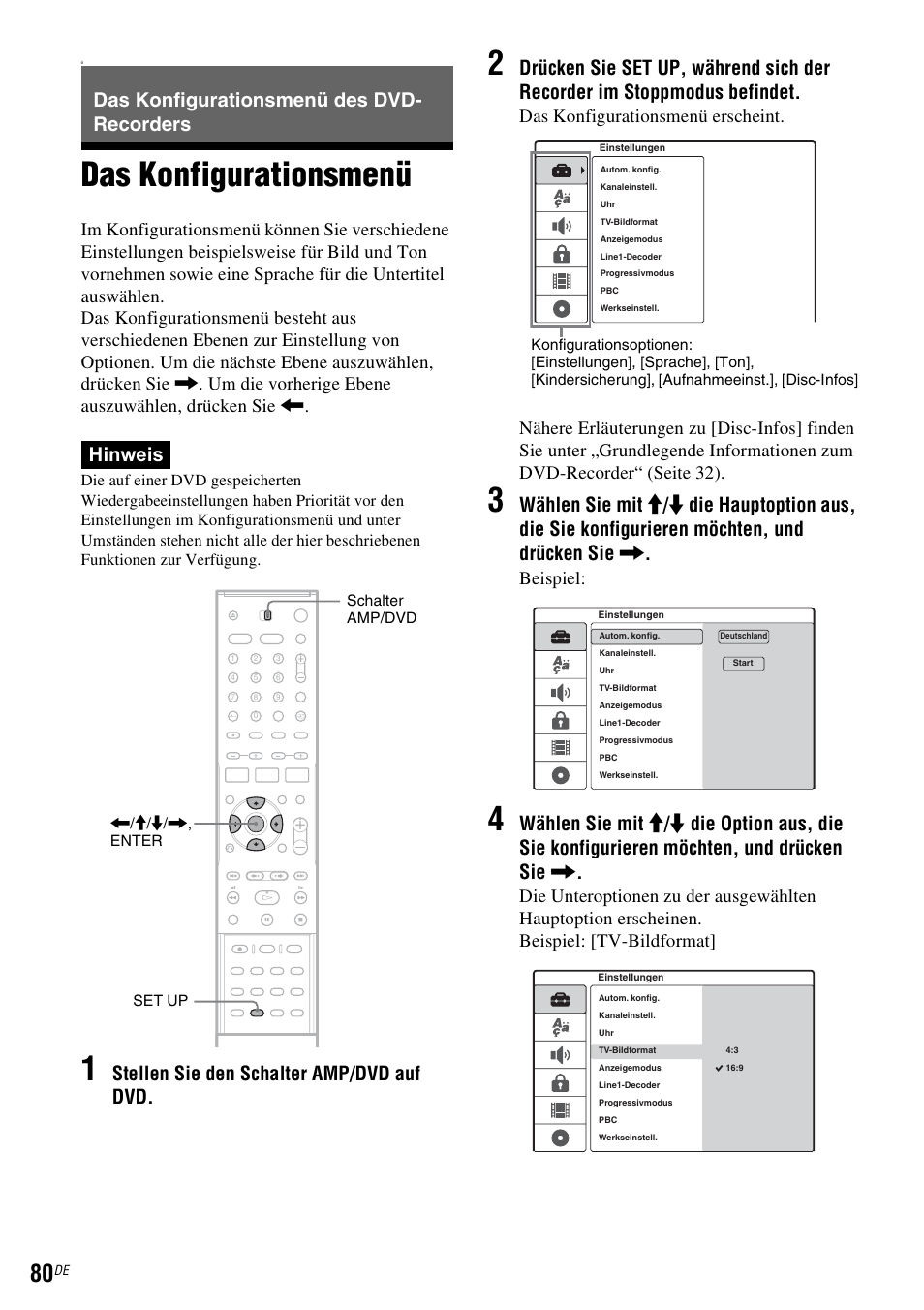 Das konfigurationsmenü des dvd- recorders, Das konfigurationsmenü, Das konfigurationsmenü des dvd-recorders | Seite 80, Hinweis, Stellen sie den schalter amp/dvd auf dvd, Beispiel | Sony DAR-RD100 User Manual | Page 210 / 520