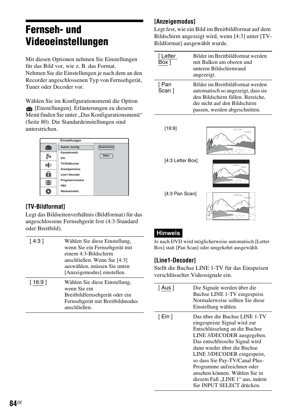 Fernseh- und videoeinstellungen, Tv-bildformat, Anzeigemodus | Hinweis, Line1-decoder | Sony DAR-RD100 User Manual | Page 214 / 520