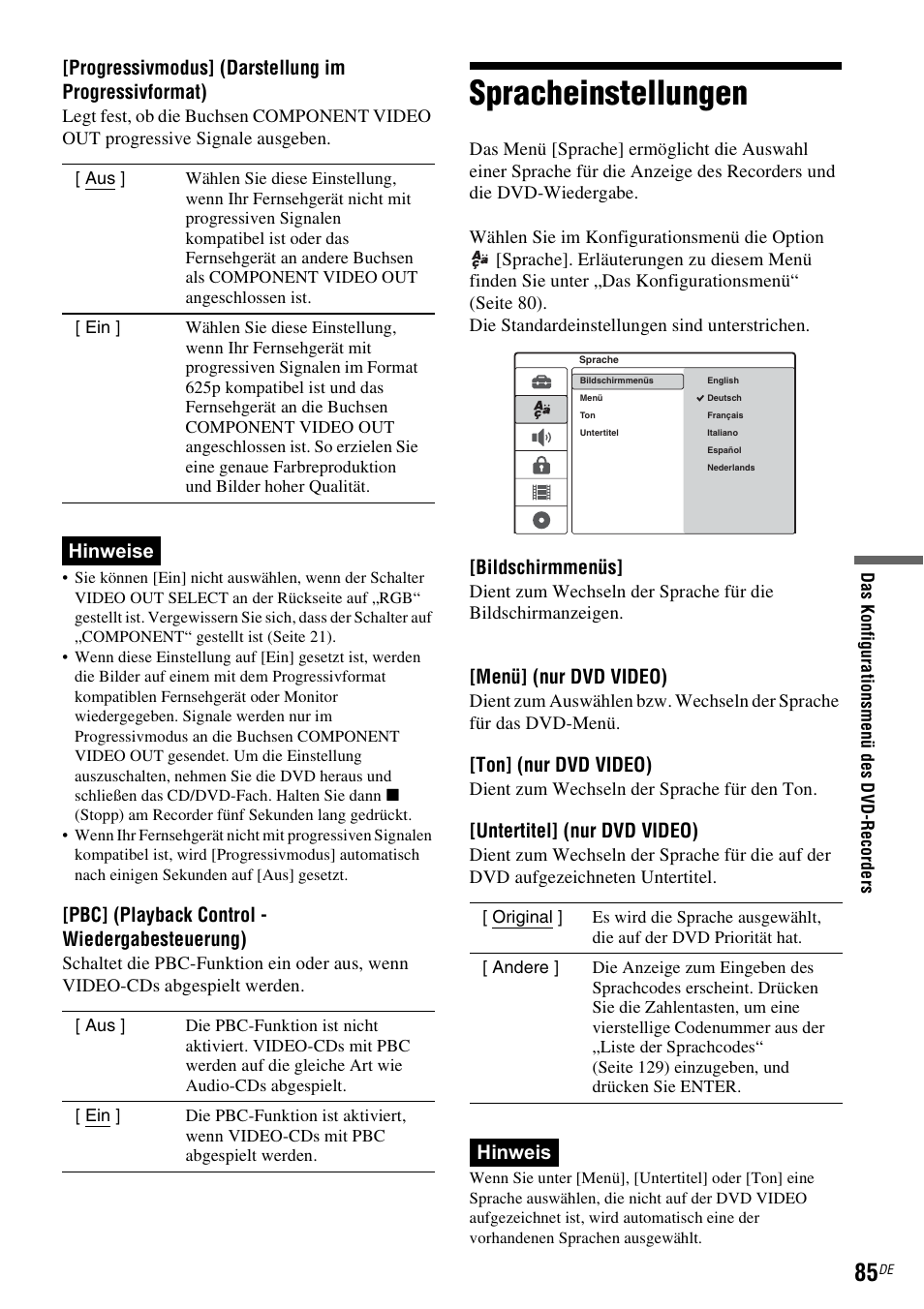 Spracheinstellungen, Seite 85), Progressivmodus] (darstellung im progressivformat) | Hinweise, Pbc] (playback control - wiedergabesteuerung), Bildschirmmenüs, Menü] (nur dvd video), Ton] (nur dvd video), Untertitel] (nur dvd video), Hinweis | Sony DAR-RD100 User Manual | Page 215 / 520