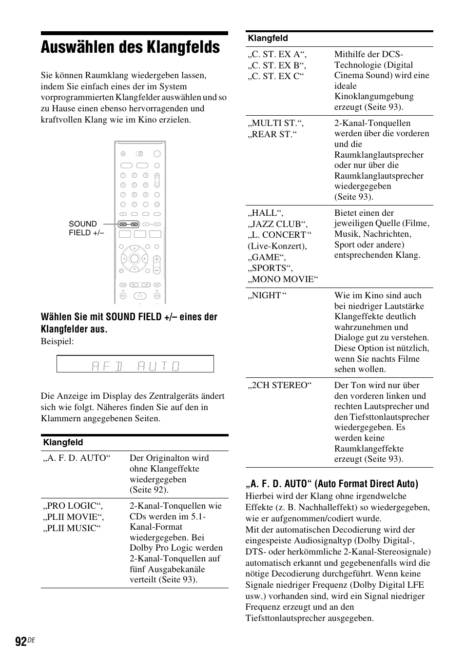 Auswählen des klangfelds, A. f. d. auto“ (auto format direct auto) | Sony DAR-RD100 User Manual | Page 222 / 520