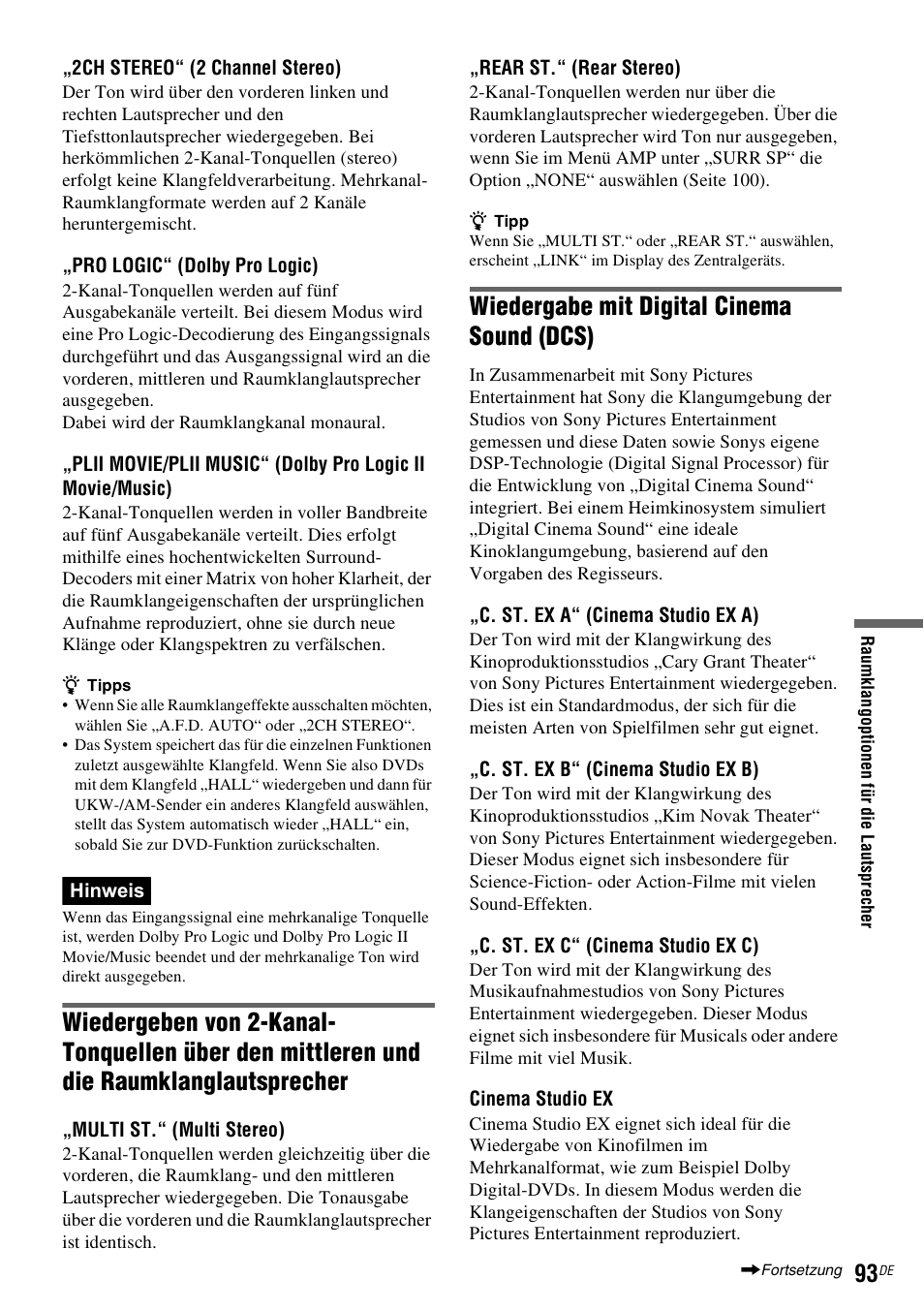 Seite 93), Ilt (seite 93), Wiedergabe mit digital cinema sound (dcs) | Sony DAR-RD100 User Manual | Page 223 / 520