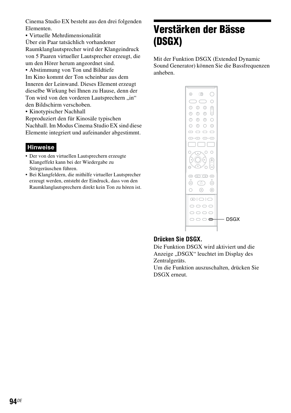 Verstärken der bässe (dsgx), Seite 94), Hinweise | Drücken sie dsgx | Sony DAR-RD100 User Manual | Page 224 / 520