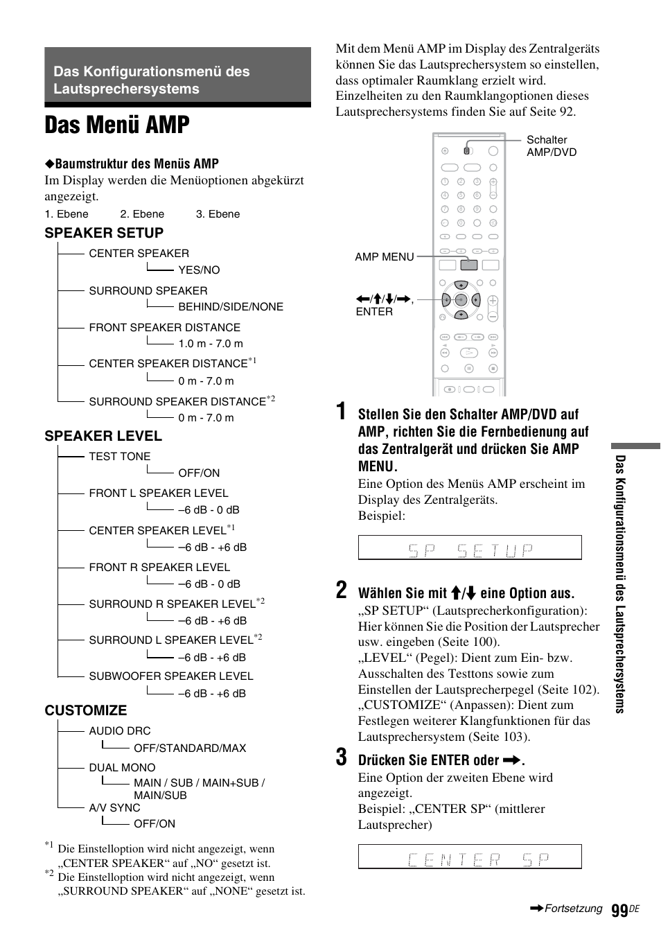 Das konfigurationsmenü des lautsprechersystems, Das menü amp, Seite 99 | Wählen sie mit m / m eine option aus, Drücken sie enter oder, Speaker setup, Speaker level, Customize | Sony DAR-RD100 User Manual | Page 229 / 520