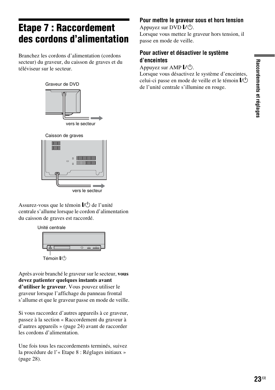 Etape7: raccordement des cordons d’alimentation, Etape 7 : raccordement des cordons d’alimentation | Sony DAR-RD100 User Manual | Page 23 / 520