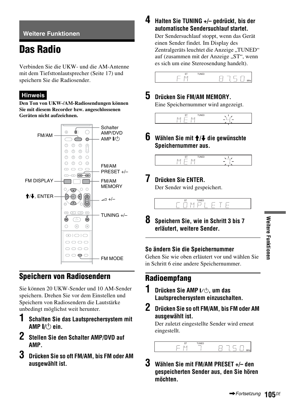 Weitere funktionen, Das radio, Speichern von radiosendern | Radioempfang | Sony DAR-RD100 User Manual | Page 235 / 520