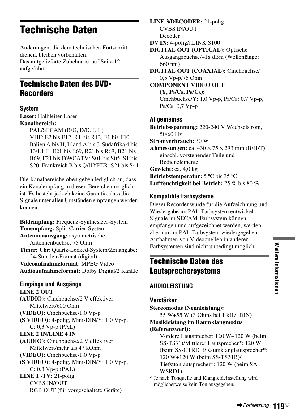 Technische daten, Technische daten des dvd- recorders, Technische daten des lautsprechersystems | Sony DAR-RD100 User Manual | Page 249 / 520
