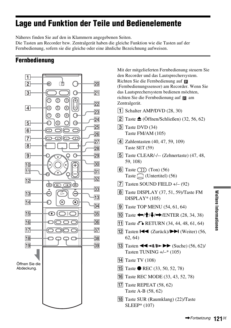 Lage und funktion der teile und bedienelemente, Seite 121), Fernbedienung | Sony DAR-RD100 User Manual | Page 251 / 520
