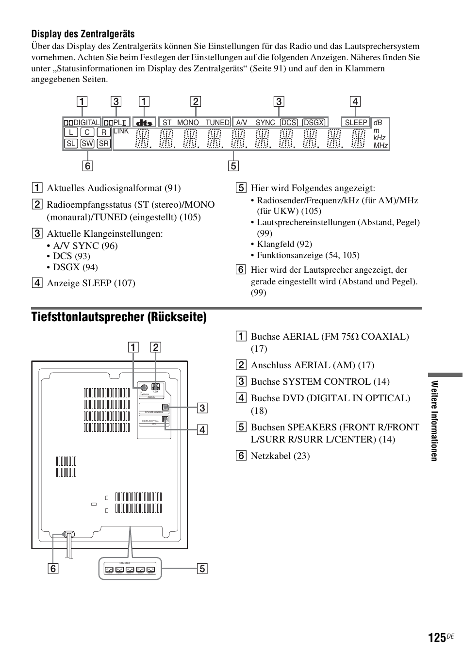 Tiefsttonlautsprecher (rückseite), Display des zentralgeräts, Ds gx | Sony DAR-RD100 User Manual | Page 255 / 520